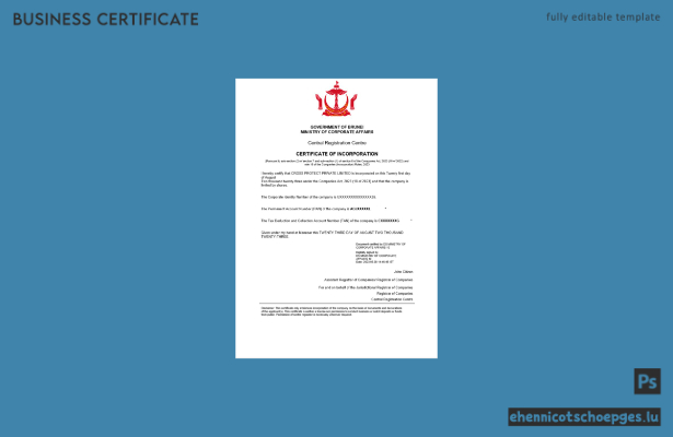 Brunei-Registrierungszertifikat – Beispielansicht in Word und PDF